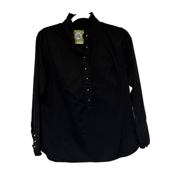 Elizabeth McKay Womens 8 Black Blouse Ruffle Neck Gold Buttons Tuxedo Style - Picture 2 of 10